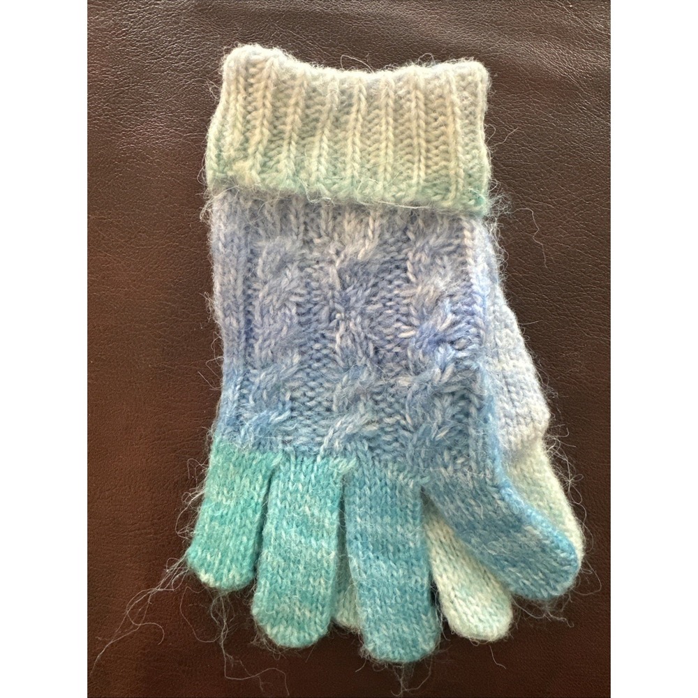 Kids Blue Aqua Cable Knit Winter Gloves Girls Soft Fuzzy One Size